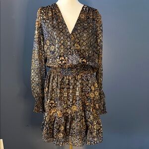 Michael Kors metallic thread, Long Sleeve Dress,smocked cuffs w waist wrap skirt